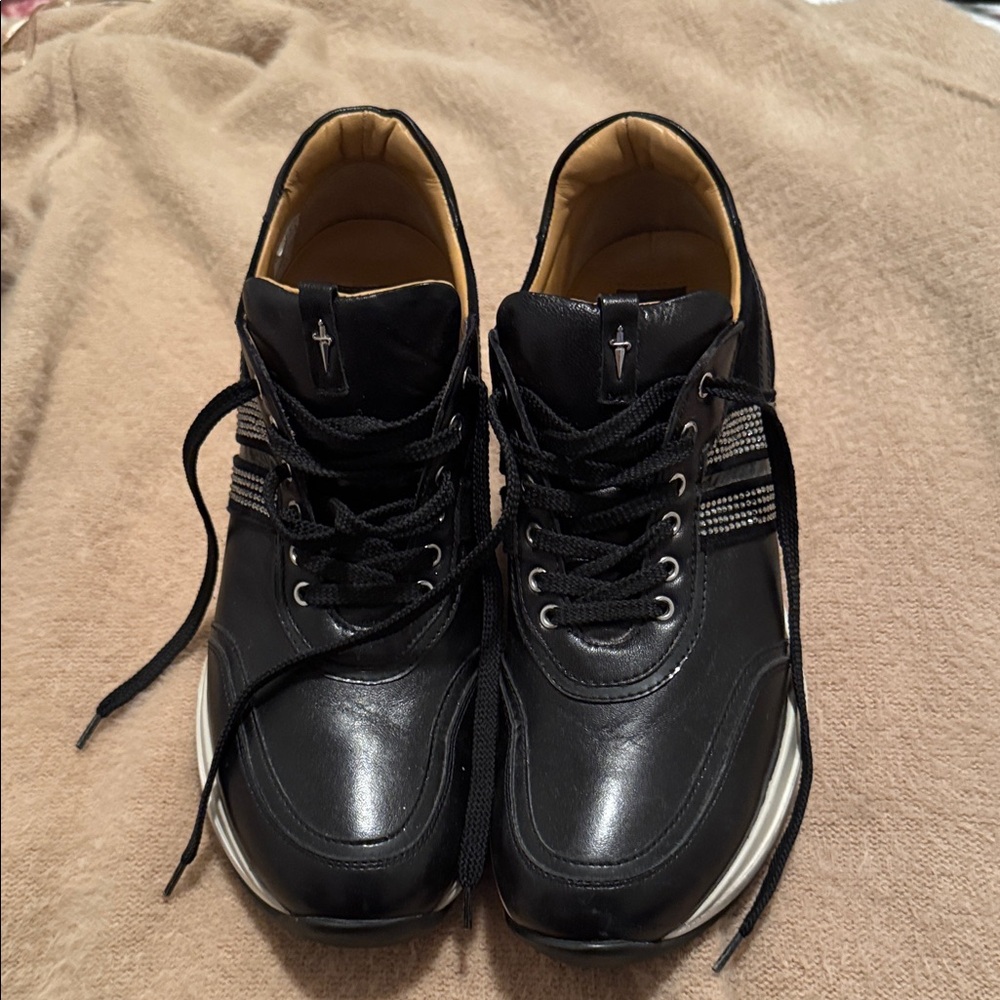 Cesare Paciotti Black Leather Sneakers with White Accents